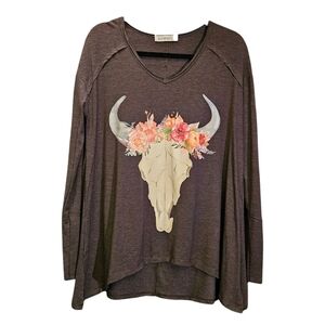 Buddy Basics Gray Graphic Tunic Long Sleeve Tee w/ Floral Skull Design - Small